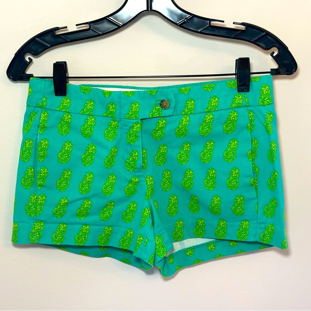 J. Crew Green with Yellow Pineapples Cotton Shorts with 3” inseam- Size 00